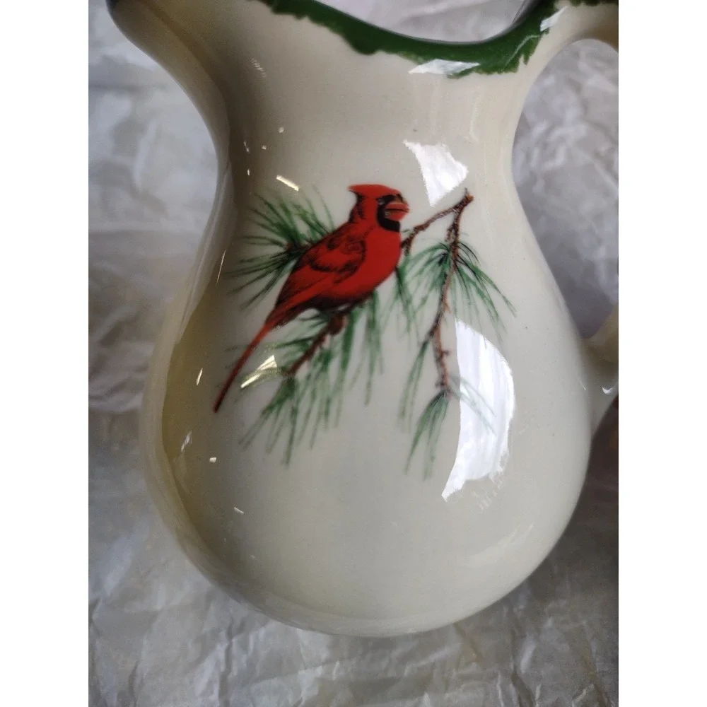 Vtg Heavy Mini Milk Pitcher, Cardinal Bird/Cream Colored Pottery 4